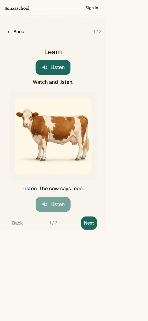 SonzaSchool on mobile — a Standard 1 'Animal sounds' lesson showing an illustrated cow with a Listen button